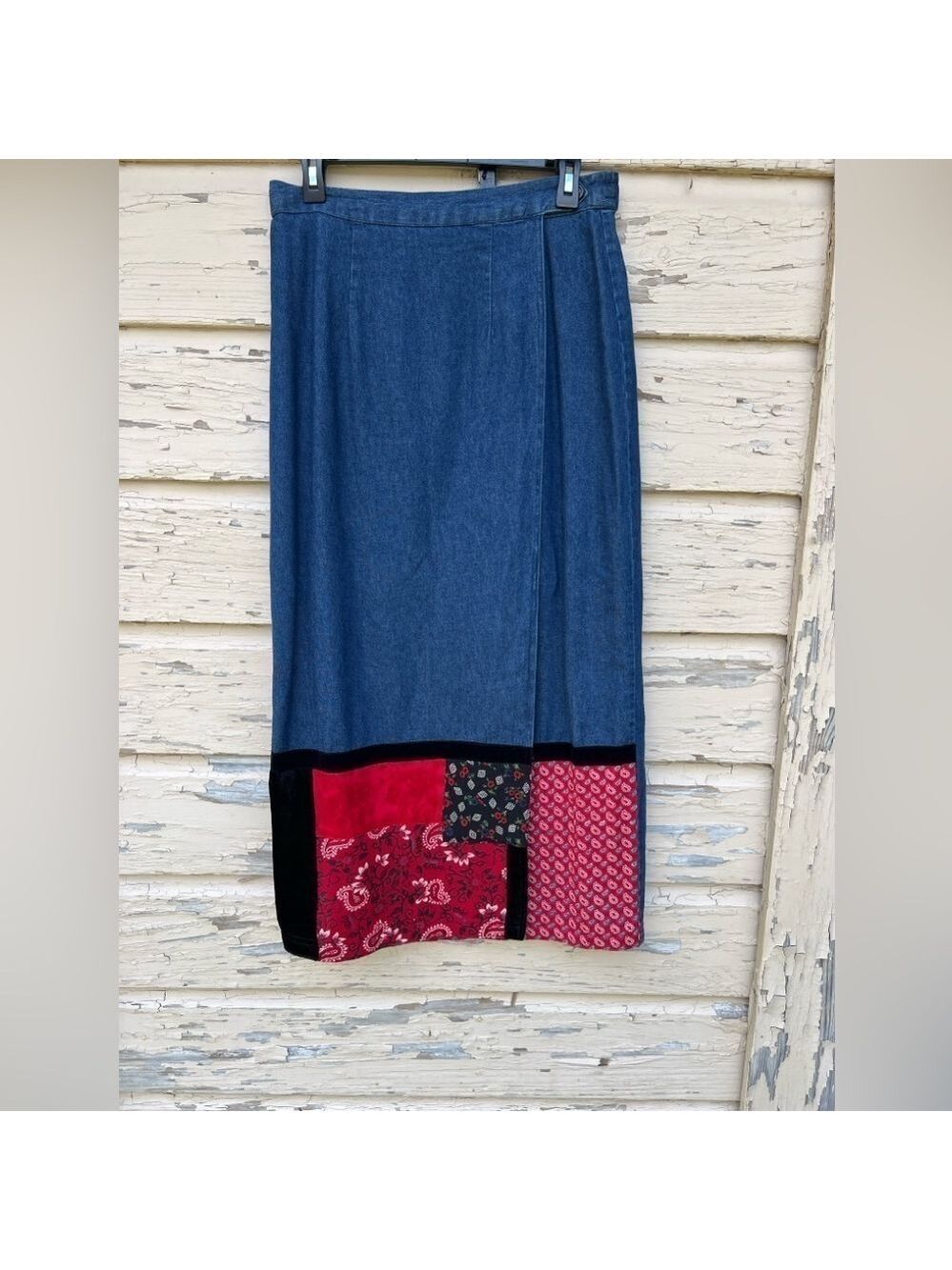 Vintage 80s 90s Sun River Clothing Co Denim Maxi Wrap Patchwork Column Skirt M
